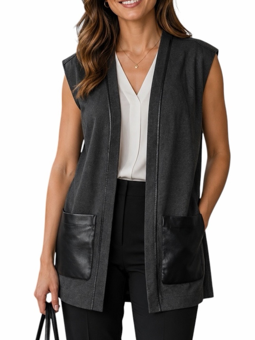 Lafayette 148 New York Womens Size Medium Gray W/Black Faux Leather Pocket Vest
